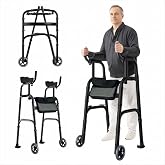 Folding Walker with Armrest Pad Upright Walker for Seniors, Standing Mobility Aid for Indoor &amp; Outdoor, 300lb Weight Capacity, Height Adjustable (Black)