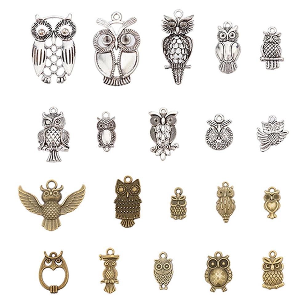 PH PandaHall 10 Styles Halloween Owl Charms 20pcs Tibetan Animal Pendants Pendants Vintage Owl Charm for Jewellery Making Party Decor DIY Bracelet Necklace, 2 Colors