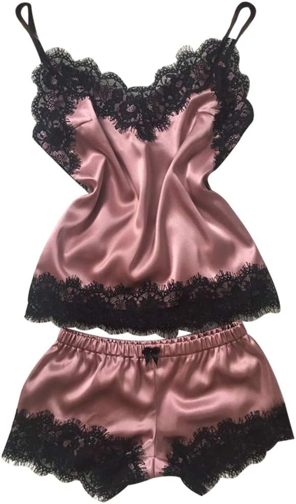 HOOUDO Women Sleepwear Sleeveless Strap Sleepwear Lace Trim Satin Top Pajama Sets Suit Erotic Underwear Nightwear
