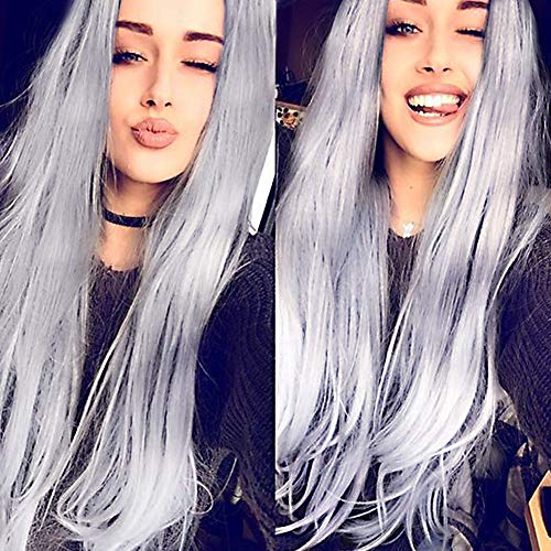 AnotherMe Long Straight Ash Grey Hair Wig 27.5 Inches Silver White Women Ladies Ultra Soft Heat Resistant Synthetic Fiber Wig Party Cosplay Accessories