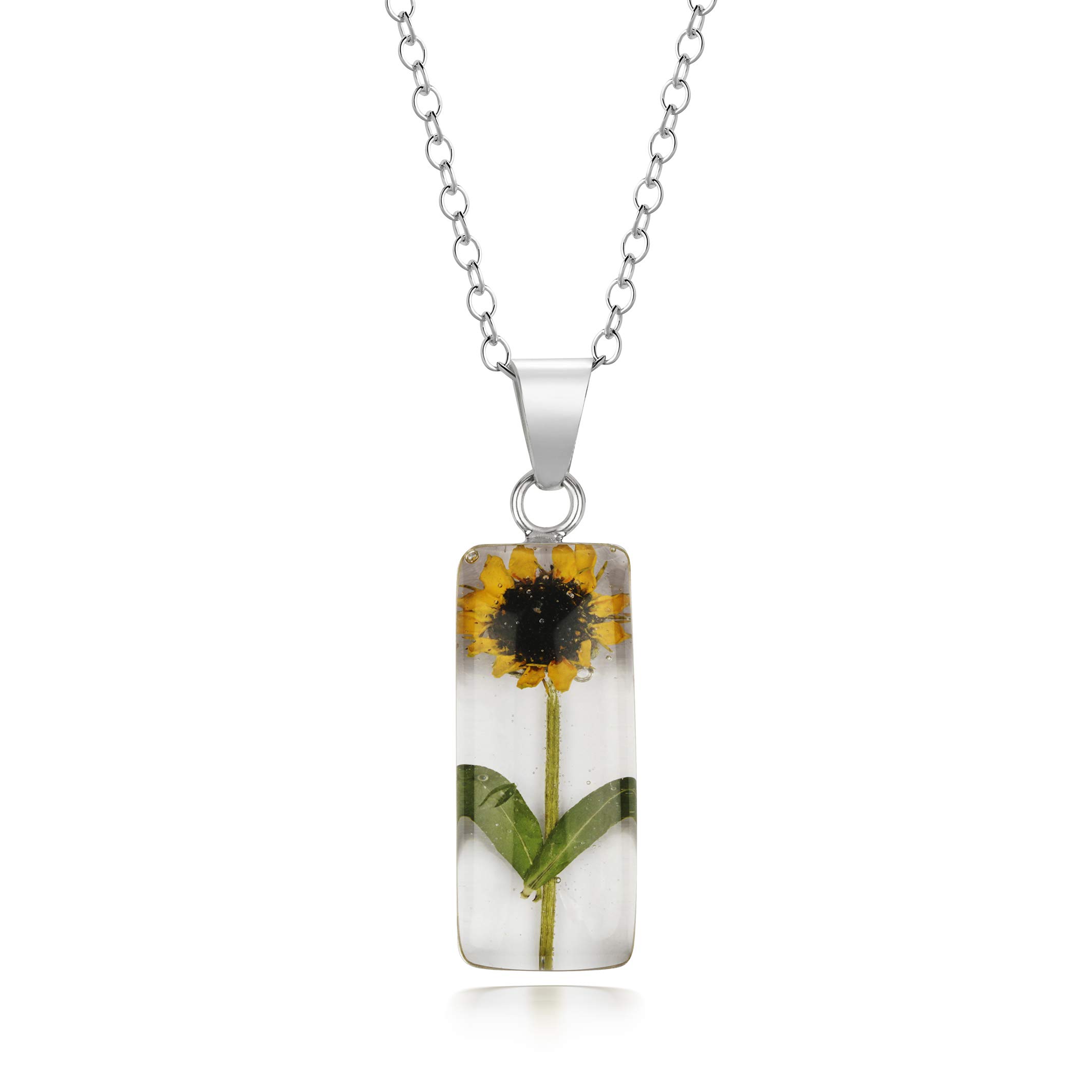 Natural Flower Jewellery Sunflower Drop Pendant Made with Real Bonsai Sunflowers and set in Sterling Silver