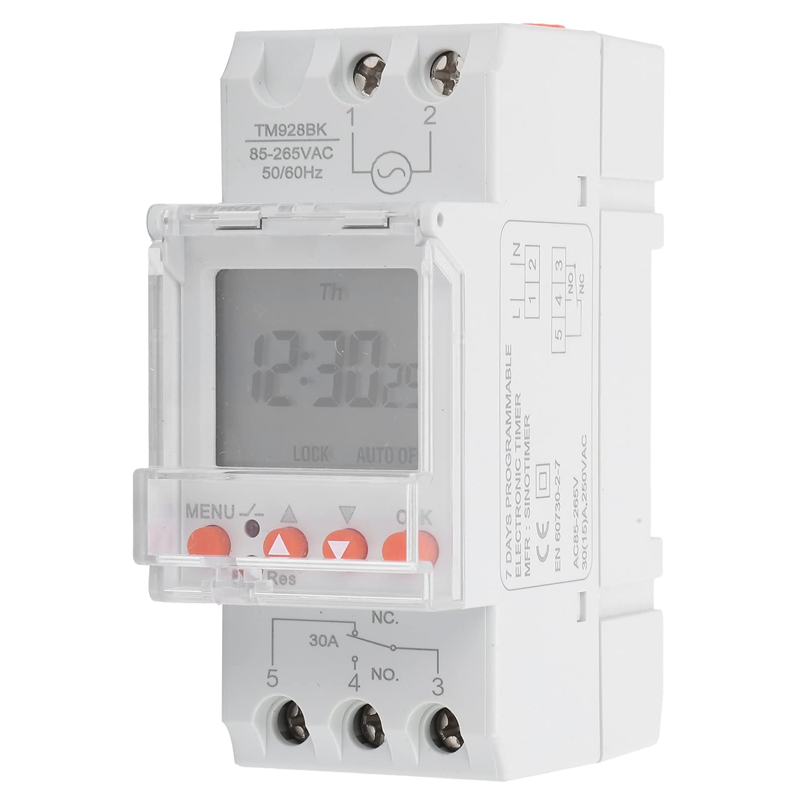 Programmable Timer Switch, 85‑265V 30A Timer Switch 24hrs LCD backlight display Din Rail Timer Switch,for lamps, lighting equipment,etc