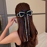 Jumwrit Large Bow Hair Clip Long Ribbon Hair Bows Rhinestone Tassel Hair Clip French Design Barrettes Fashion Hair Styling Accessories for Women Girls