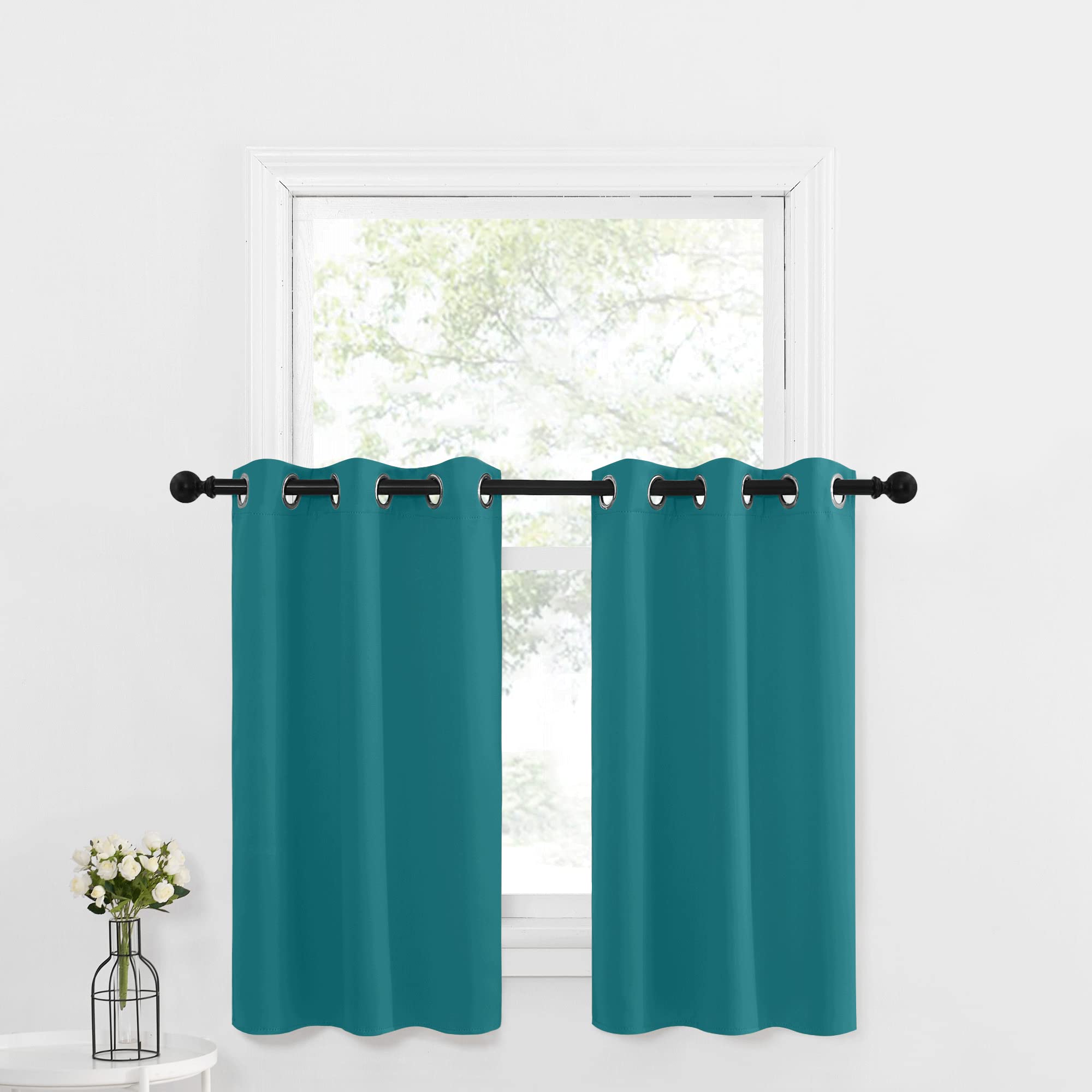 Photo 1 of NICETOWN Cafe Curtain Tiers 36 Inch Length, Kitchen Window Over Sink, Set 2 Pack Privacy Thermal Insulated Short Curtain for Bathroom Basement Small Windows Cover, Peacock Teal, 34x36 inches