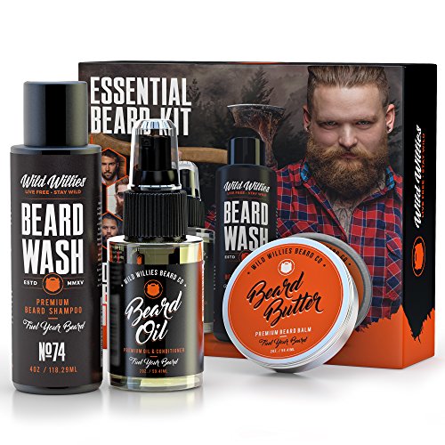 Essential Beard and Mustache Grooming Kit for Men - USA Made Gift Set Soothes Irritated, Dry Skin, Reduces Acne & Grows Your Beard Faster - Beard Oil, Balm Conditioner & Shampoo Wash