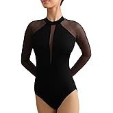 Vavewee Women Dance Leotard for Ballet Black Long Sleeve Dancewear V-Mesh Mock Neck,Full Front Lining