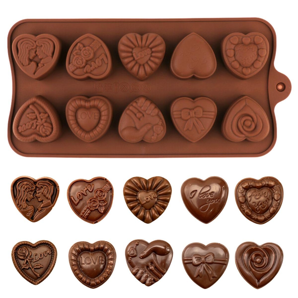 Photo 1 of 1 Piece Silicone Chocolate Molds Heart Shape with Different Pattern 3D Chocolate Candy Moulds for Holiday