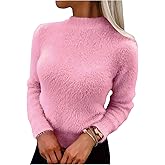 RoseSeek Women's Fuzzy Pullover Sweaters Mock Neck Long Sleeve Jumper Fall Outfits