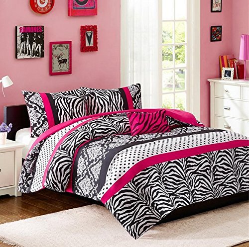 Comforter Bed Set Teen Kids Girls Pink Black White Animal Print Polka Dots Bedding Set (Full/queen)