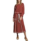 HOWALOOK Women’s 2 Piece Skirt Sets Long Sleeve Crewneck Pullover Tops Drawstring Midi Skirt Lounge Set Travel Outfits