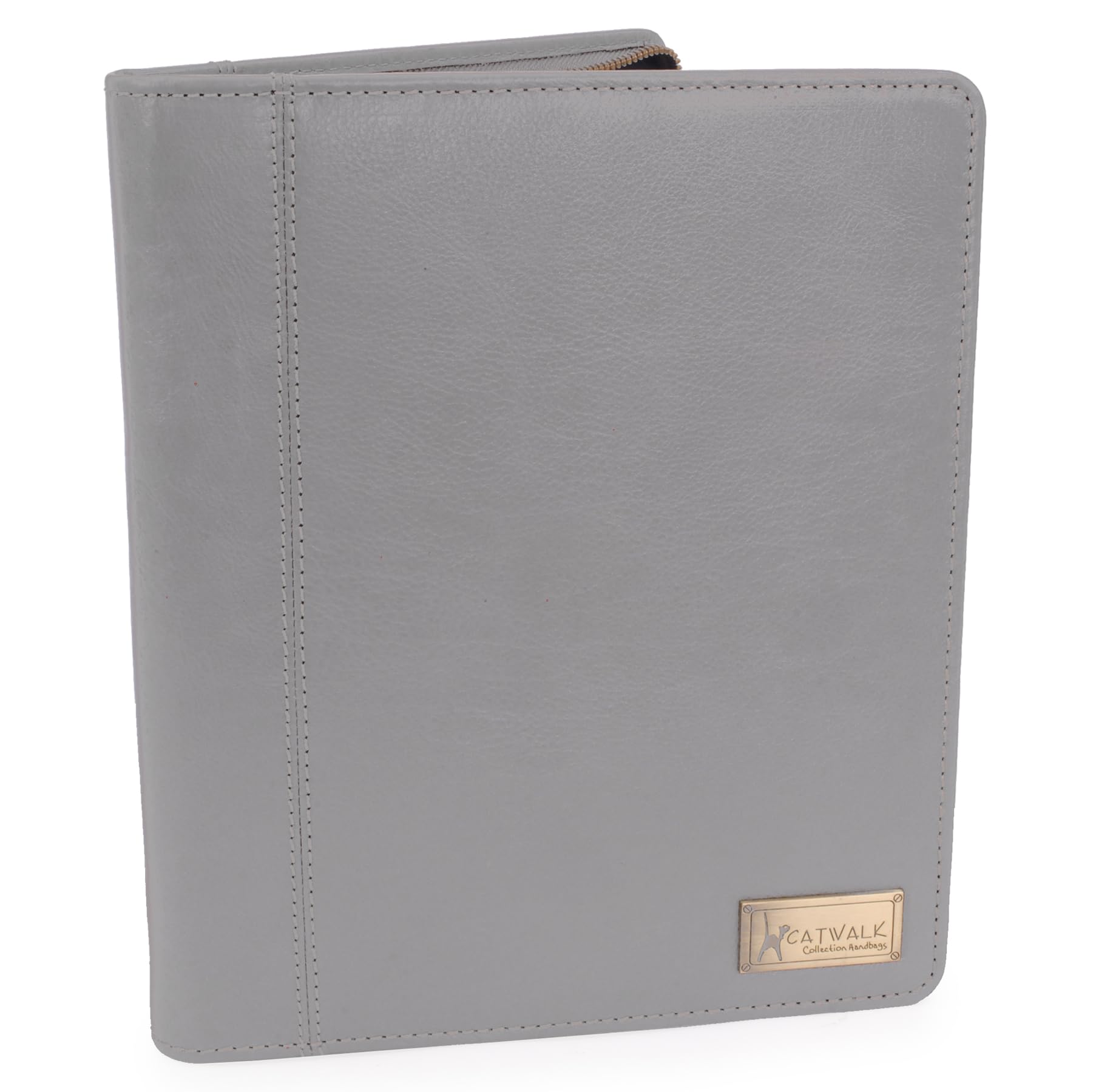 Catwalk Collection Handbags - Women's Leather A5 Conference Folder - Zip Travel Document Holder - Fits Tablet and Business Cards - Angela - Grey