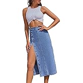 NIGHTMISS Womens High Waisted Washed Button Front Denim Long Skirt Midi Length A Line Denim Jean Pencil Skirt(BE292-L)