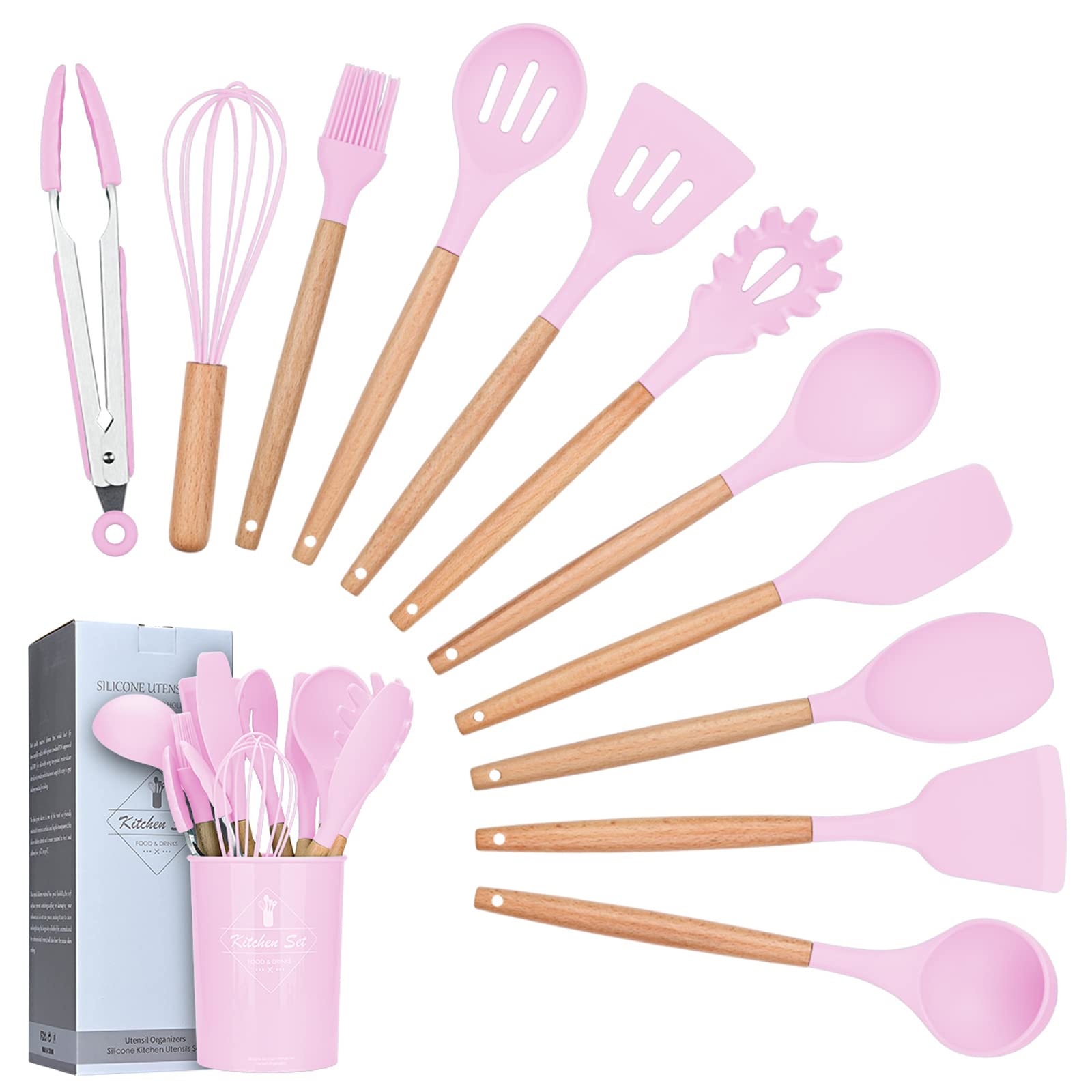 Lychee Kitchen Utensil Set Silicone Cooking Utensils - 12 Pieces Cooking Spatula Turner Heat Resistant Tools with Wooden Handle for Nonstick Non Scratch Cookware Kitchen Gadgets Set (Pink)