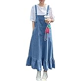 chouyatou Women's Y2K Cute Ruffle Denim Overall Jean Dress Distressed Flared Maxi long Bib Jumper Dress