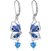 925 Sterling Silver Blue Enamel Butterfly Dangle Leverback Earrings, Heart-Shaped Created Aquamarine Birthstone Earrings, Elegant Filigree Animal Jewelry Gift for Women