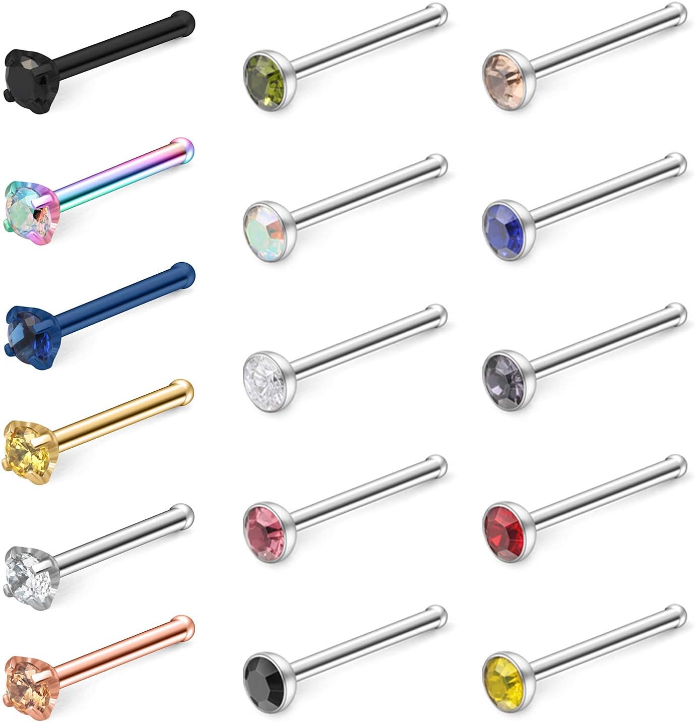 Hoeudjo18G Surgical Steel Mix Color Diamond CZ Nose Stud Rings L Shaped Screw Bone Nostril Pin Piercing Jewelry 1.5mm 2mm 2.5mm 3mm 16PCS