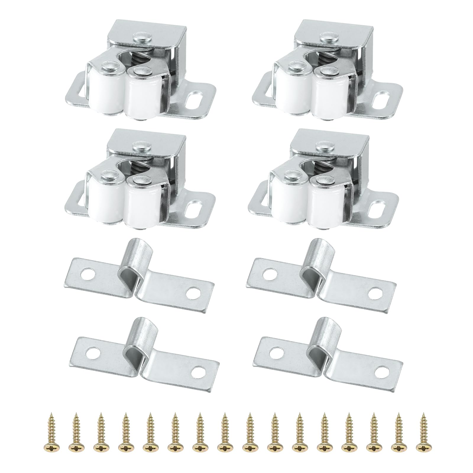 PATIKIL Cabinet Latch Double Roller Catch, 4 Pcs Stainless Steel Cabinet Door with Screws Spring Bead Hardware Latches with Spear Strike for Cupboard Wardrobe Pcs, Metallic