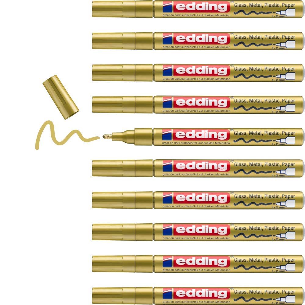 edding 751 gloss paint marker - gold (metallic) - 10 paint markers - round tip 1-2 mm - paint pen for glass, pebbles, wood, plastic, paper - waterproof, high coverage
