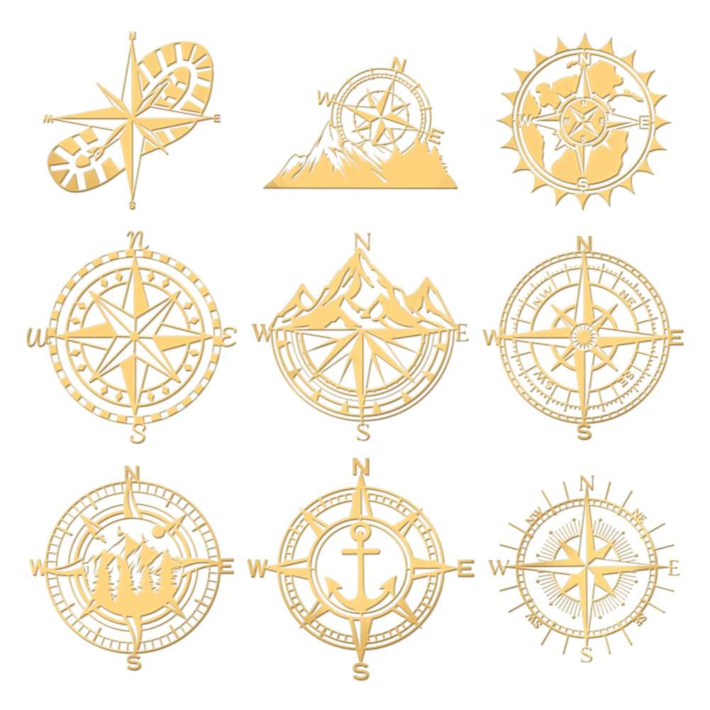 Photo 1 of OLYCRAFT 9pcs 1.6x1.6 Inch Compass Theme Stickers Mountain Compass Stickers Self Adhesive Gold Metal Stickers Shoe Print Metal Stickers for Scrapbooks DIY Crafts Phone Decoration