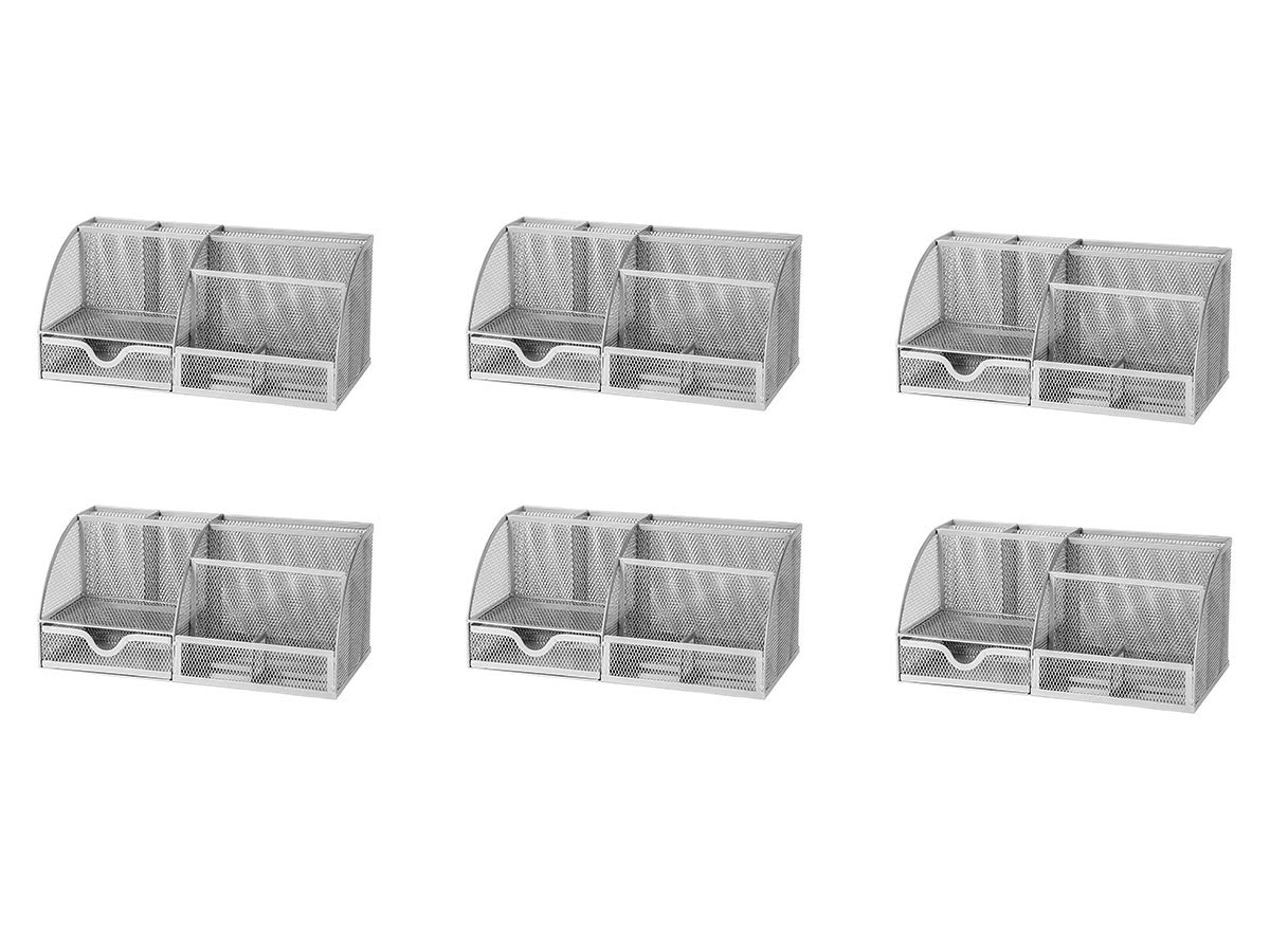 Osco Large Wiremesh Desk Organiser, Metal Mesh Pen Pot Desk Tidy with 7 Compartments & Single Drawer, Desktop Stationery Storage for Office & Home, 6 Pack, Silver