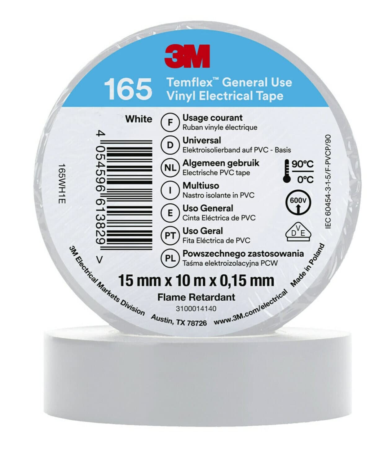 3M Temflex Vinyl Electrical Tape 165, White, 15 mm x 10 m, 100 Rolls/Case