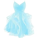 Hiclein Sparkly Tulle Homecoming Dresses for Teens Spaghetti Strap Tiered Short Prom Dress V Neck Cocktail Party Gown