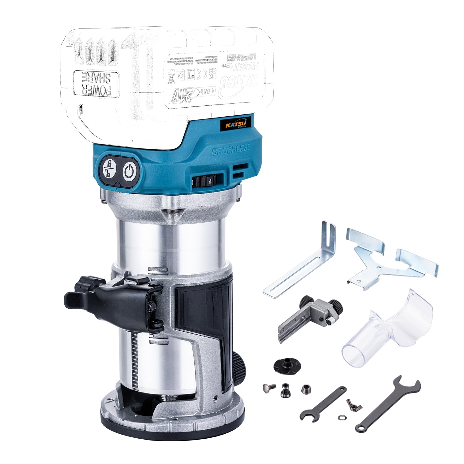 KATSU FIT-BAT Brushless Cordless Wood Trimmer Laminator Router Joiners Tool 18V/21V, Aluminium Trimmer Base, 3 Chucks Collets 1/4", 6mm and 8mm, No Battery and Charger 102751