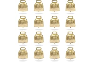 Roucerlin 16 Pcs Shiny Gold Small CowBell Necklace, Loud Cow Bells Noise Makers, Metal Decorative Bells for Pet Dog Cat Pendants Christmas Tree Crafts