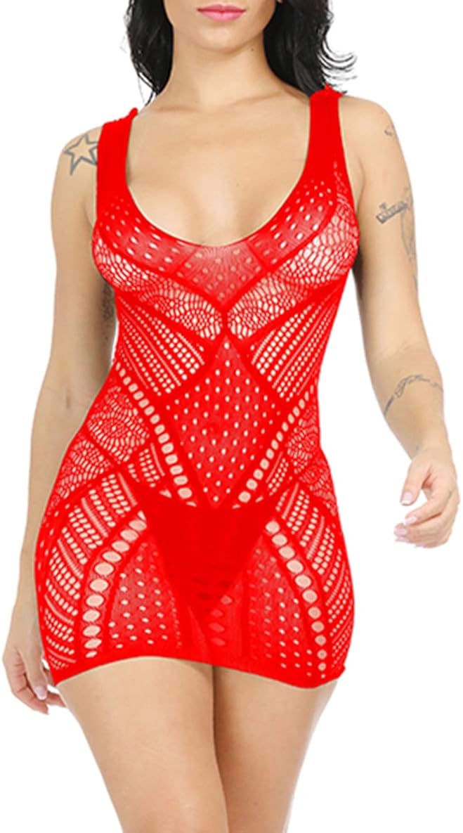 BECHARNY Plus Size Mesh Lingerie Fishnet Bodysuit One Piece V-Neck Mini Dress Strappy Chemise (05 Black) at  Women’s Clothing store