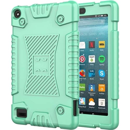 Lantier Heavy Duty Shock Skid Proof Kids Rugged Bumper Armor Protective Silicone Back Cover for Amazon All-New Kindle Fire 7 2019 Tablet, 9th Generation Fire 7" Display 2019 Release Mint Green