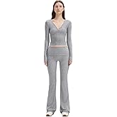 SUUKSESS Women 2 pieces Lounge Sets Long Sleeve V Neck Tops Fold Over Flare Leggings