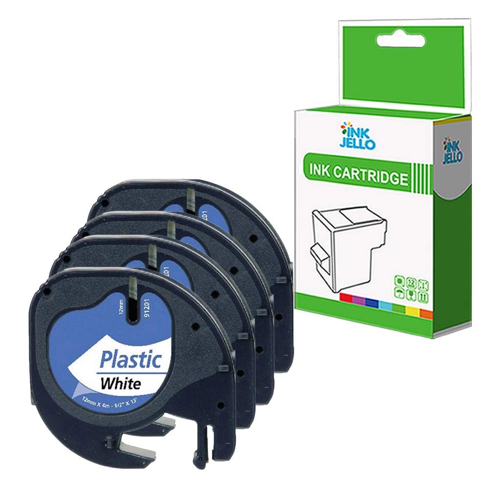 InkJello Compatible Label Tape Replacement For Dymo LetraTag LT-100H LT-100T XR 91201 1/2" (12mm) (Black on White, 4-Pack)