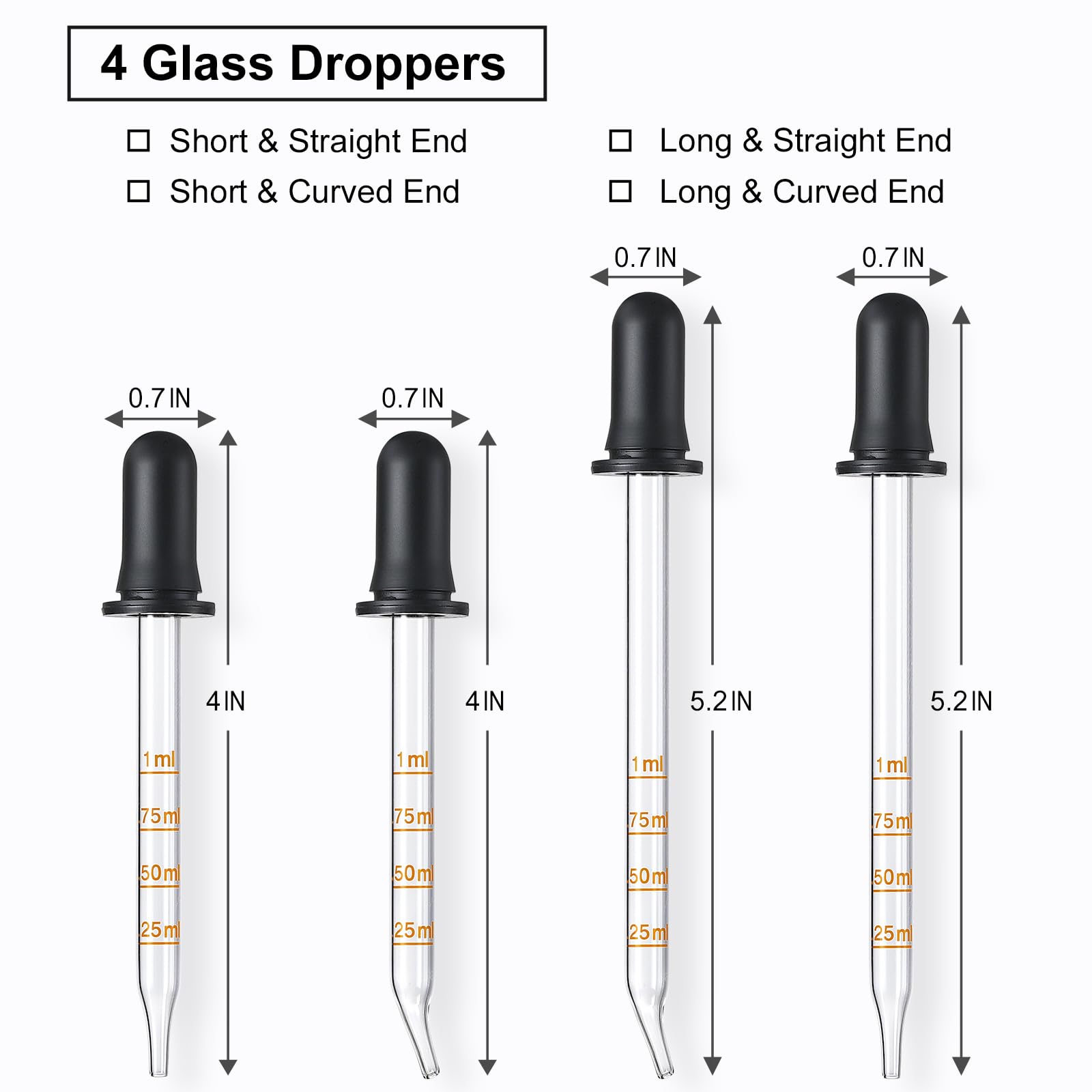 4 Pack, 1 mL Glass Eye Dropper with Measurement - Long & Short, Bent & Straight Tip Calibrated Glass Medicine Droppers, Accurate Dose Pipette Dropper for Essential Oils, Feeding, Ear, Lab, Health Care