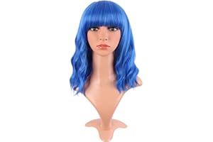 MapofBeauty 14 Inch/35 cm Short Wavy Curly Women Fresh Bright Synthetic Ordinary Flat Bangs Bob Wig (Blue)