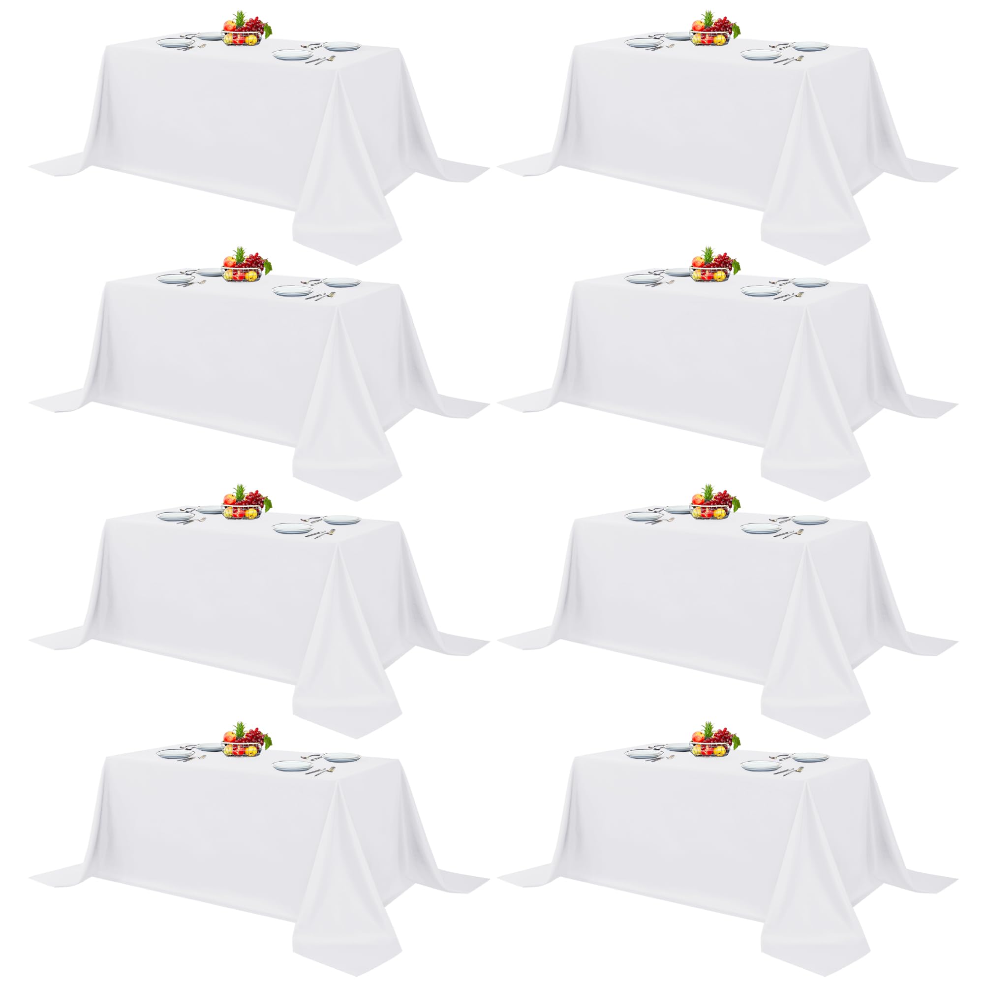 Photo 1 of Fitable 8 Pack Rectangle Tablecloths: Stain Resistant Wrinkle Free Fabric Table Clothes, Washable Reusable Polyester Table Covers for Wedding Party Birthday Banquet Reception(White, 90x132 Inch)