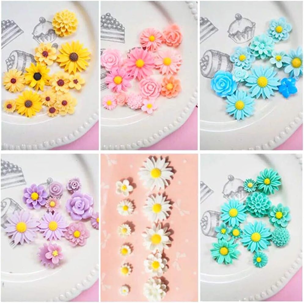 44 Pack Flower Resin Charms Daisy Peony Plastic Flatback Loose Beads for Jewellery Making Scrapbooking Phone Case Decor Hair Accessories Fairy Garden Decor (Random) - Image 5