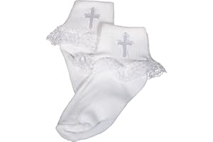 LITTLE THINGS MEAN A LOT Christening Day Girls White Anklet Sock with Embroidered Cross Applique and Lace - SM