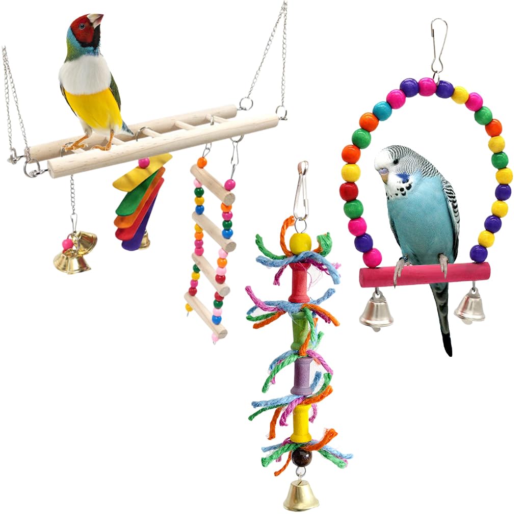 KyeeaDIY Bird Parakeet Toys 3Pcs Parakeet Cockatiel Bird Toys Swing Hanging Standing Chewing Toy Bird Climbing Ladder Colorful Toys Suitable for Budgerigar Conures Love Birds Finches Mynah (3PCS)