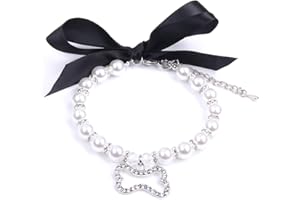 XKSRWE Dog Cat Pearls Necklace Collar with Rhinestones Bone Charm Pendant Pet Puppy Jewelry Accessory (Crystal, Medium)