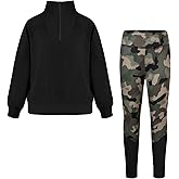 GRACE KARIN Girls Clothes Size 7 Kids Fall Back To School Half Zipper Sweatpant Sweatshirt Black Camouflage Outfit