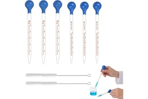 Glass Pipette Droppers Set 6 Pack (3×10 ml + 3×5 ml) with Blue Rubber Bulbs & 2 Cleaning Brushes, Graduated Clear Glass Dropp