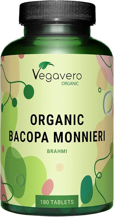 Vegavero Organic Bacopa Monnieri 1500 mg Brahmi 2% Bacosides 180 Tablets