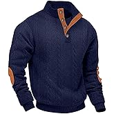 LINENNMAIN Mens Sweater Knitted Quarter Button Long Sleeve Casual Sweatshirts Quilted Stand Collar Pullover Cable Sweaters