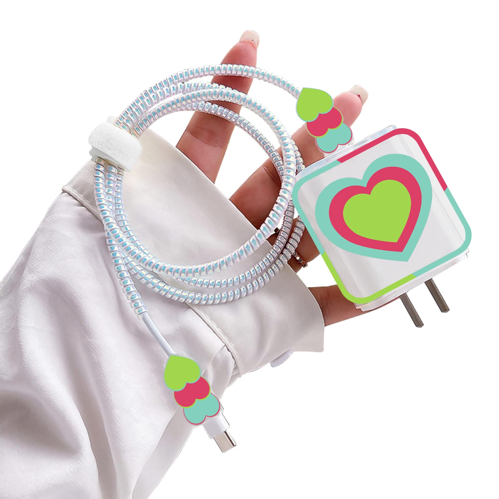 Lovely DIY Phone Cable Protectors Set for iPhone 13 12 11 Pro X Charger with Colorful Love Heart Design, Data Line Wire Saver Phone Cable Charger Protector Cover for iPhone-Blue,Red,Green