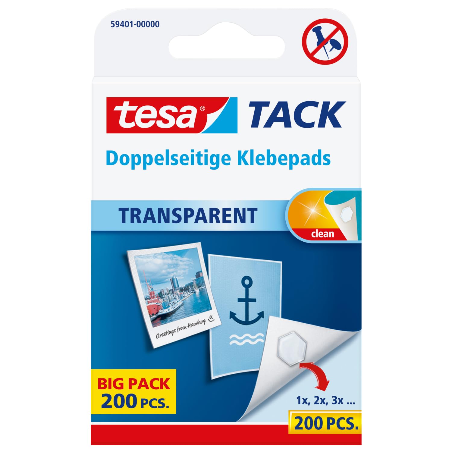tesa Double-Sided Adhesive Pads TACK - Transparent Adhesive Strips for Mounting on Walls, Windows, and Mirrors - 1 x 200 Pads