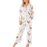 APRTEAK Women's 2 Piece Chicken Pajamas Set Cute Floral Funny Chicken Pjs Pants Long Sleeve Button Down Loungewear Set