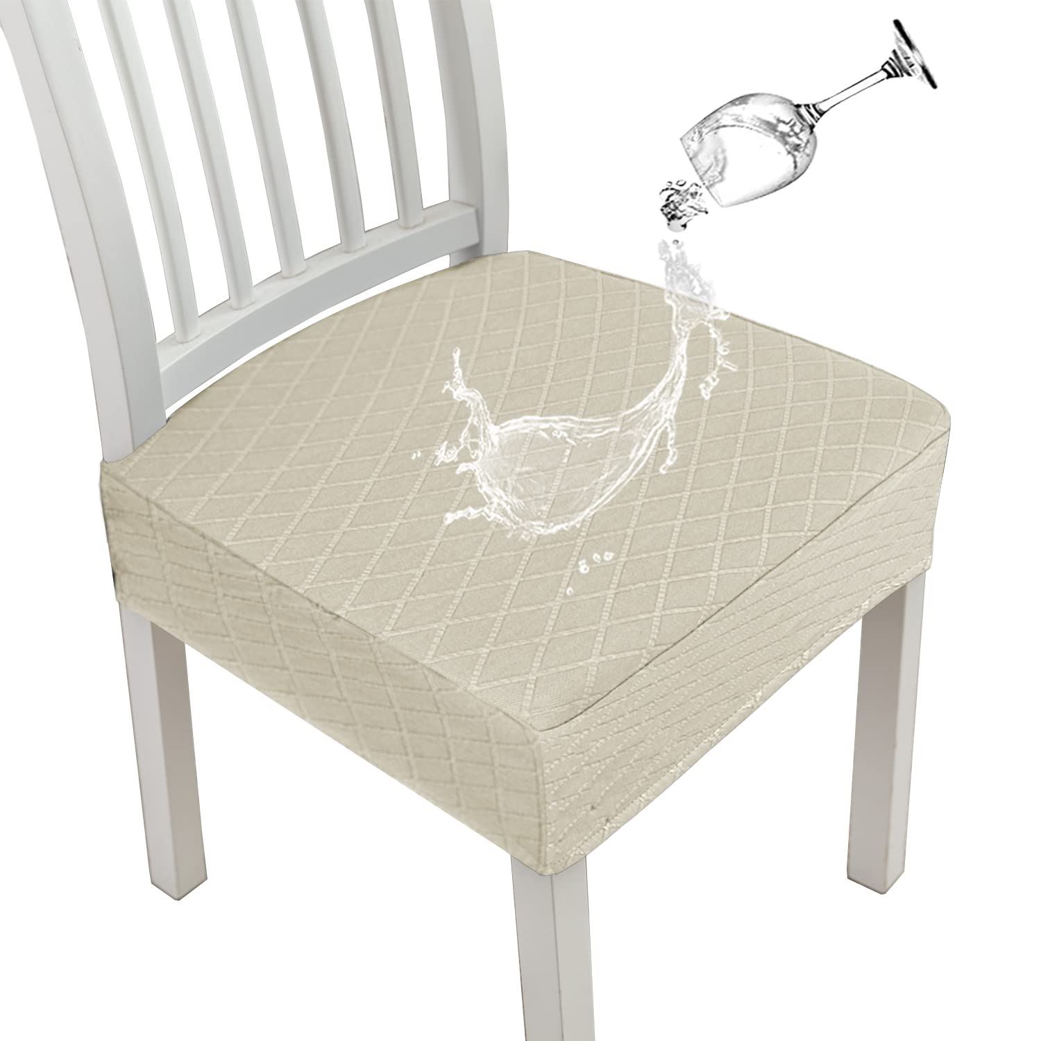 JUNZHE Chair Covers, Waterproof, Washable, Removable, High Stretch Dining Table and Chairs set 6/4/2, Seat Cushion Slipcovers Protector for Kitchen, Dining Room, Party, Hotel(Beige, 2 pieces)