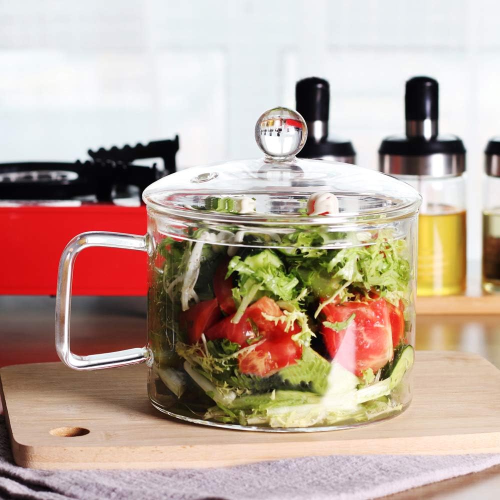  | Mini Sized Glass Pasta Noodles Bowl with Lid and Handle, 44 FL OZ/1.4L Glass Soup Bowl for Noodles, Soup, Cereals, Fruits, BPA Free, Microwave Dishwasher Oven: Soup Bowls