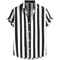 Falainetee Men's Striped Short Sleeve Button-Down Shirt - Cotton Hawaiian Summer Top, Red, Medium - View #8