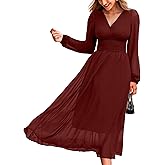 CUPSHE Women's Fall V Neck Long Sleeve Maxi Dresses Smocked Waist Elegant Cocktail Wedding Guest Dress